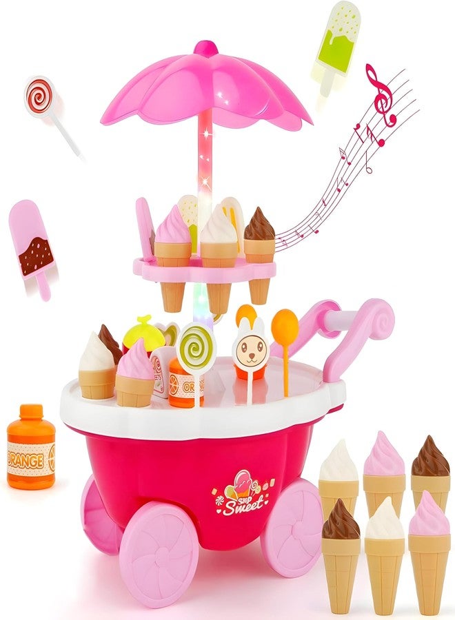 Niku Ice Cream Candy Trolley Cart Kitchen Set for Kids Girls | Pretend Play Set with Music and Lights Toys for Girls | Pink Colour | 30 Accessories - Image 1
